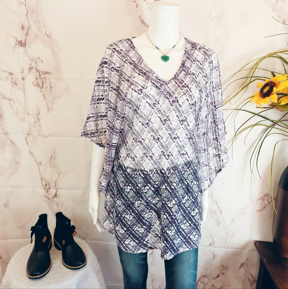 Chico’s Sheer Lace Swim Cover Up Poncho V Neck Beach Layer Top Small